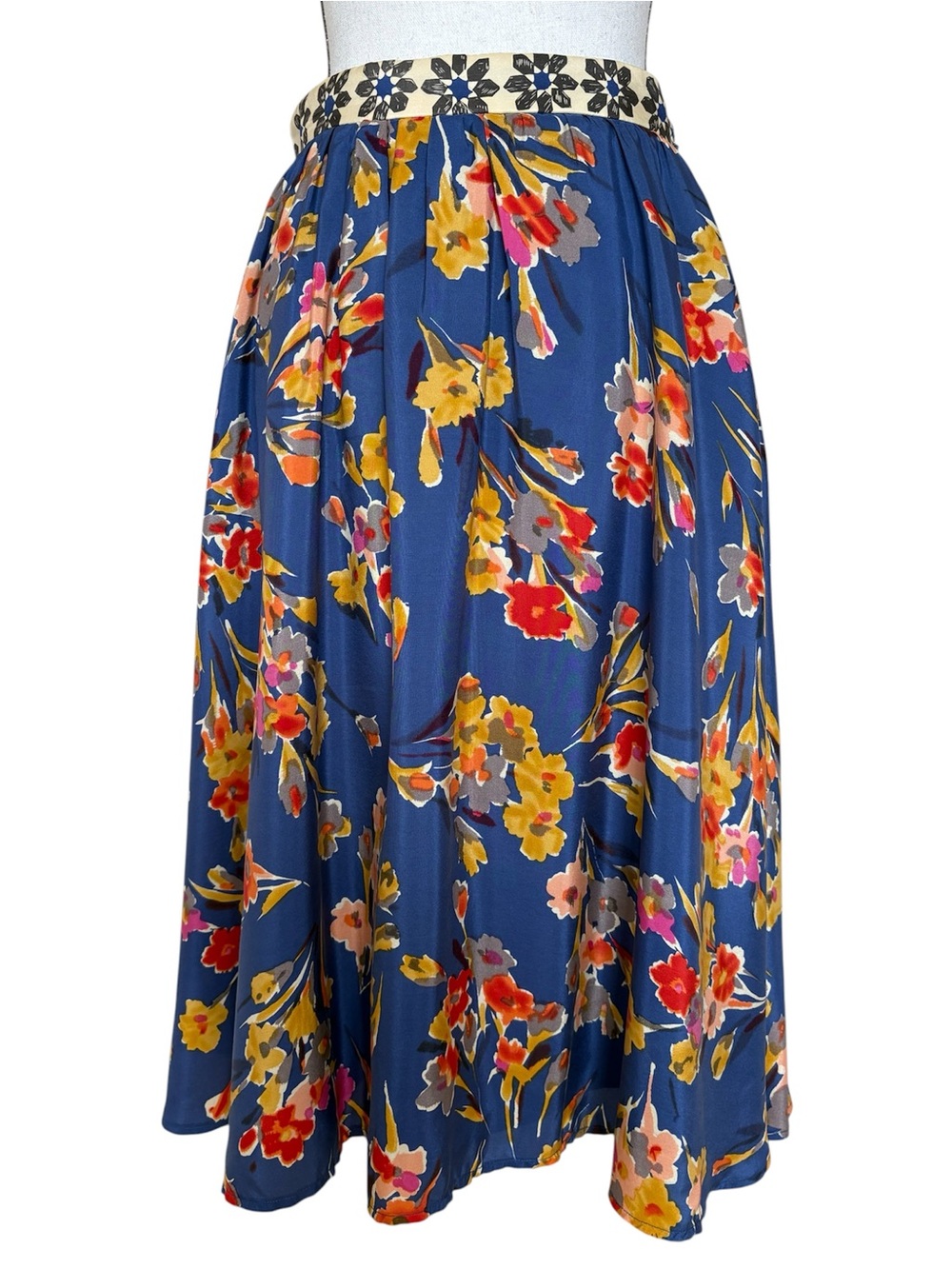 Edme & Esyllte Anthropologie Goldfield Blue Floral Silk Midi Skirt Womens Size 8
